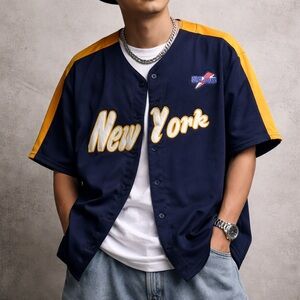 Vintage 90s Opel Jeans New York Baseball Jersey Navy Gold Size L Y2K Streetwear